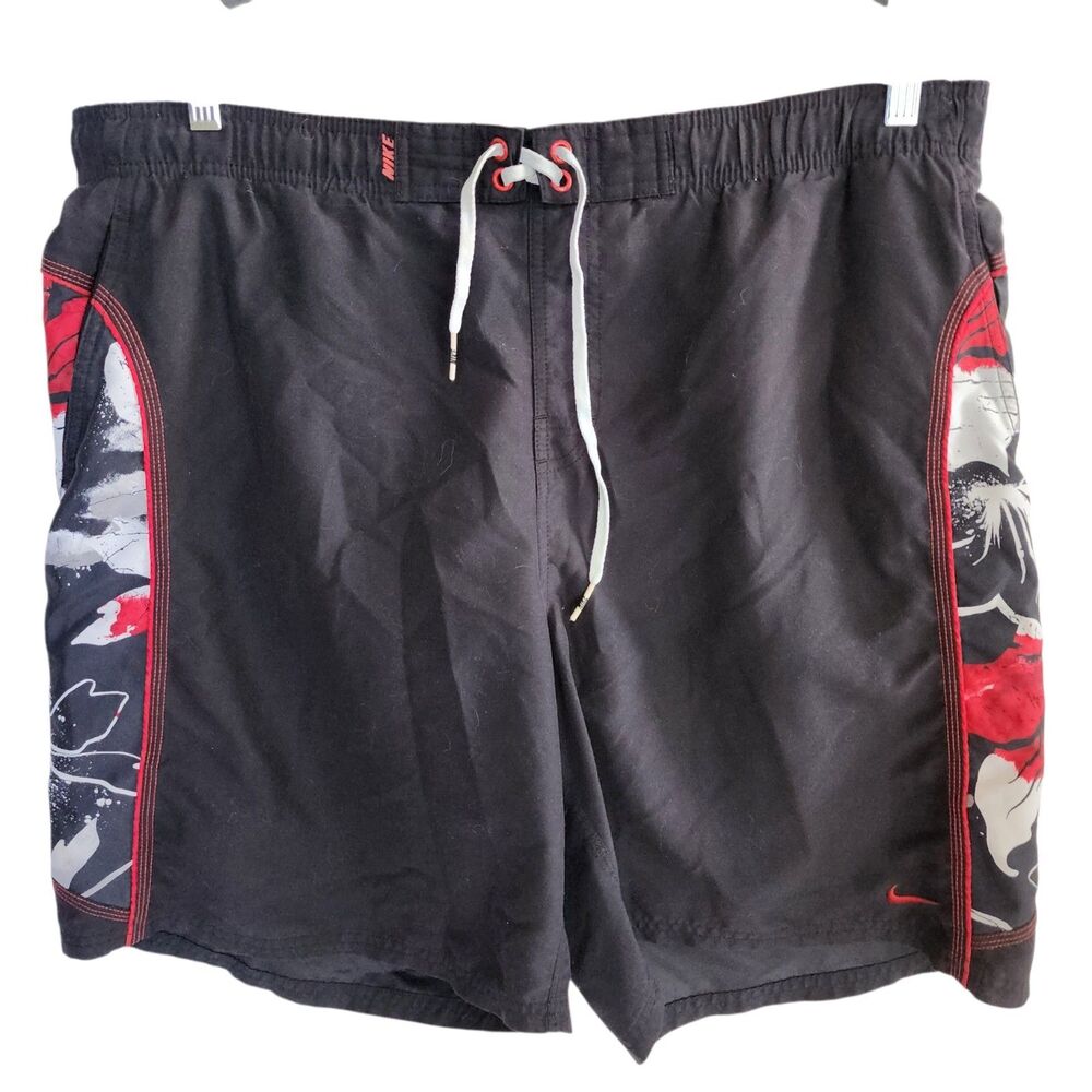 Nike Swim Trunks Board Shorts Mens XXL Black Red Floral Hibiscus Mesh Lined